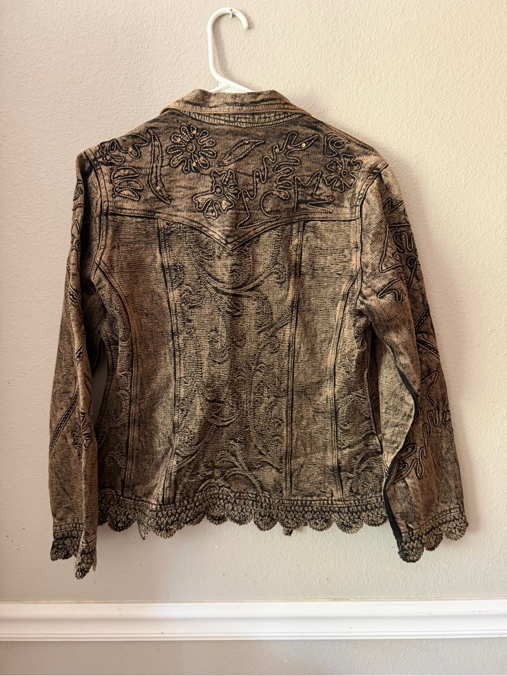 Women's Distressed Embroidered Denim Jacket in Black Beige Color Art to Wear - Picture 2 of 4